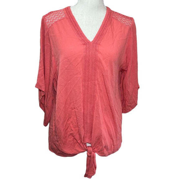 💥2/$15 NWT JohnPaulRichard stitch fix coral tie front lace insert top small - Picture 1 of 13
